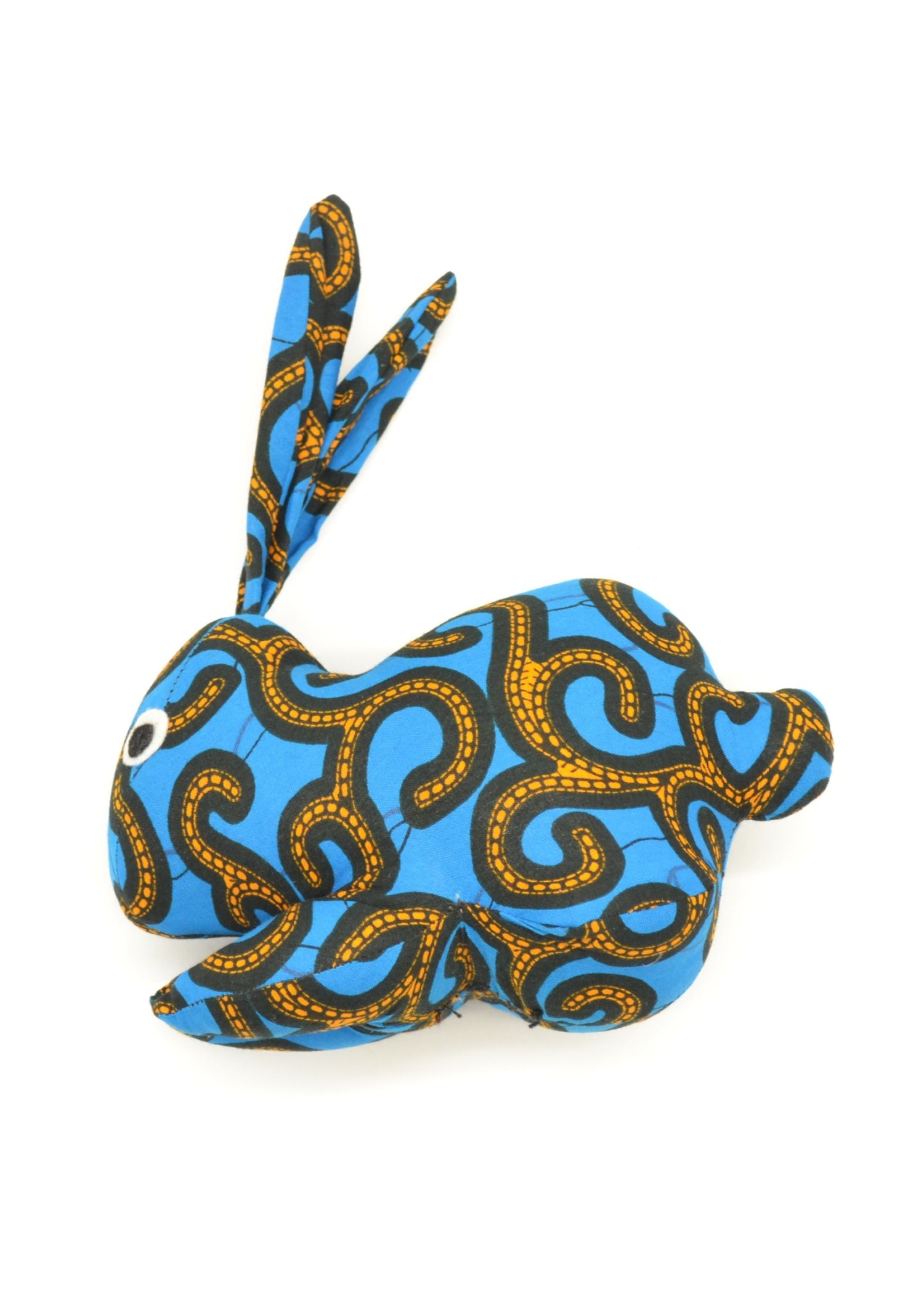 Peluche lapin bleue et jaune en tissu wax