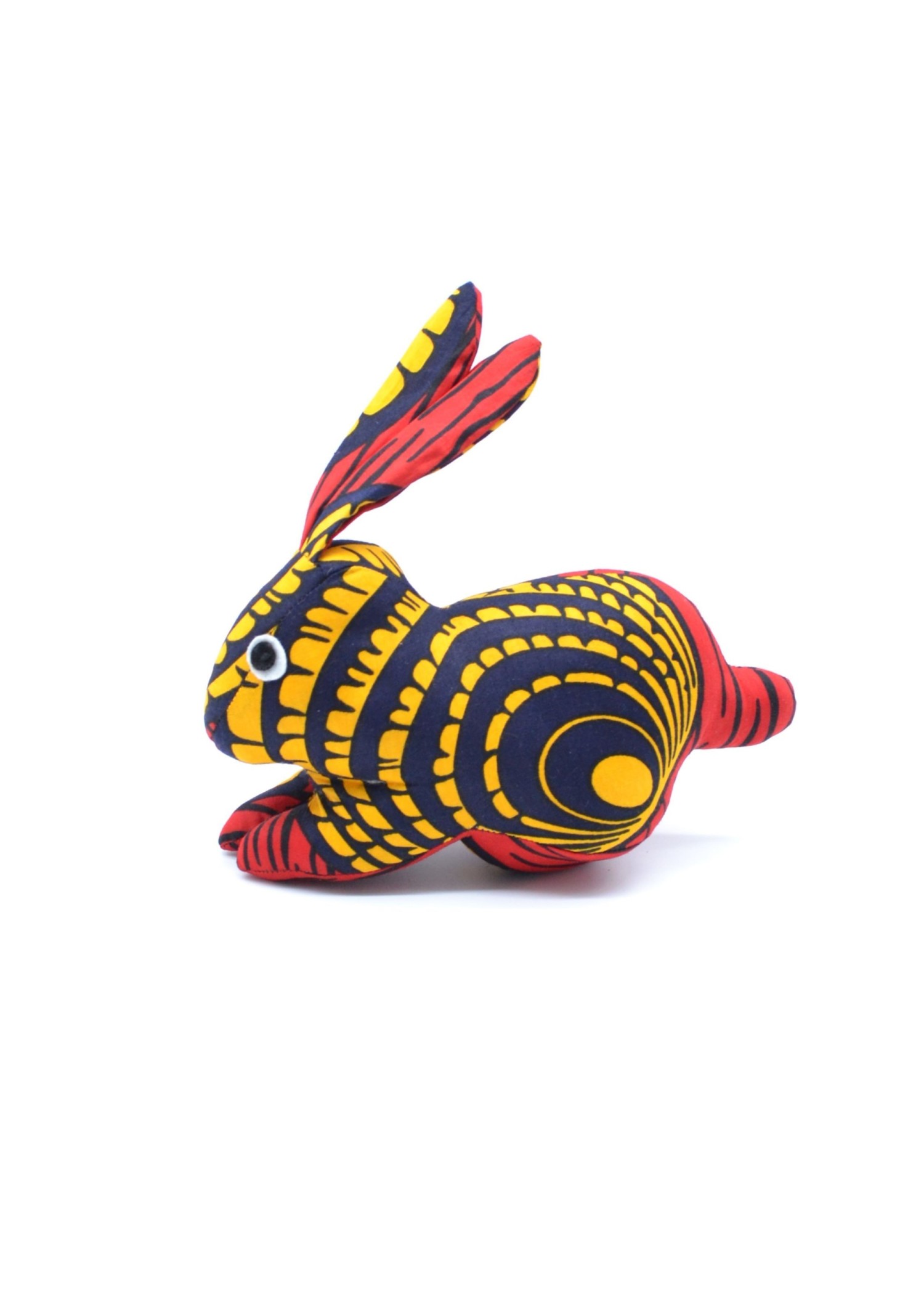 Peluche lapin jaune, noire et rouge en tissu wax