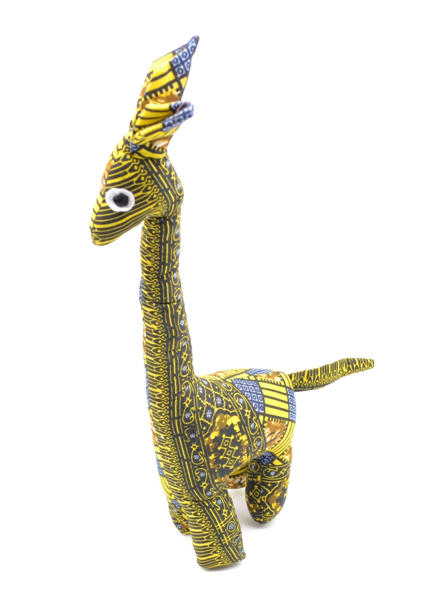 Peluche en forme de girafe avec tissu wax jaune et marron Peluche en forme de girafe avec tissu wax jaune et marron