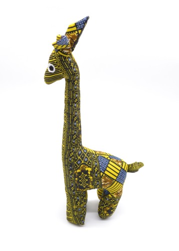 Peluche en forme de girafe avec tissu wax jaune et marron