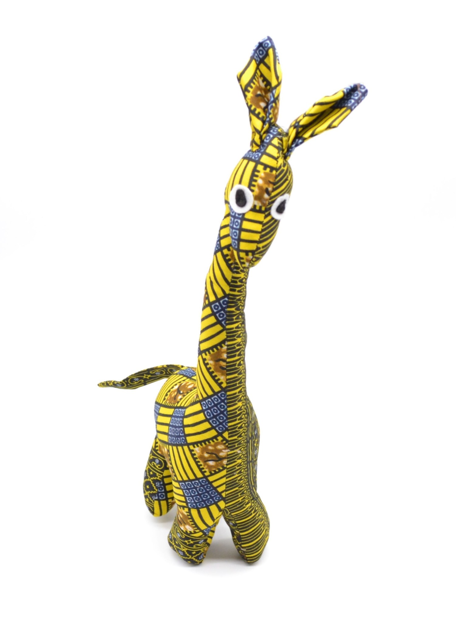 Peluche en forme de girafe avec tissu wax jaune et marron Peluche en forme de girafe avec tissu wax jaune et marron