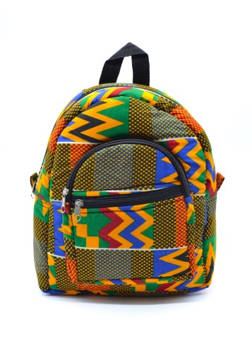 Sac à dos jaune, vert et bleu en tissu wax (petit)