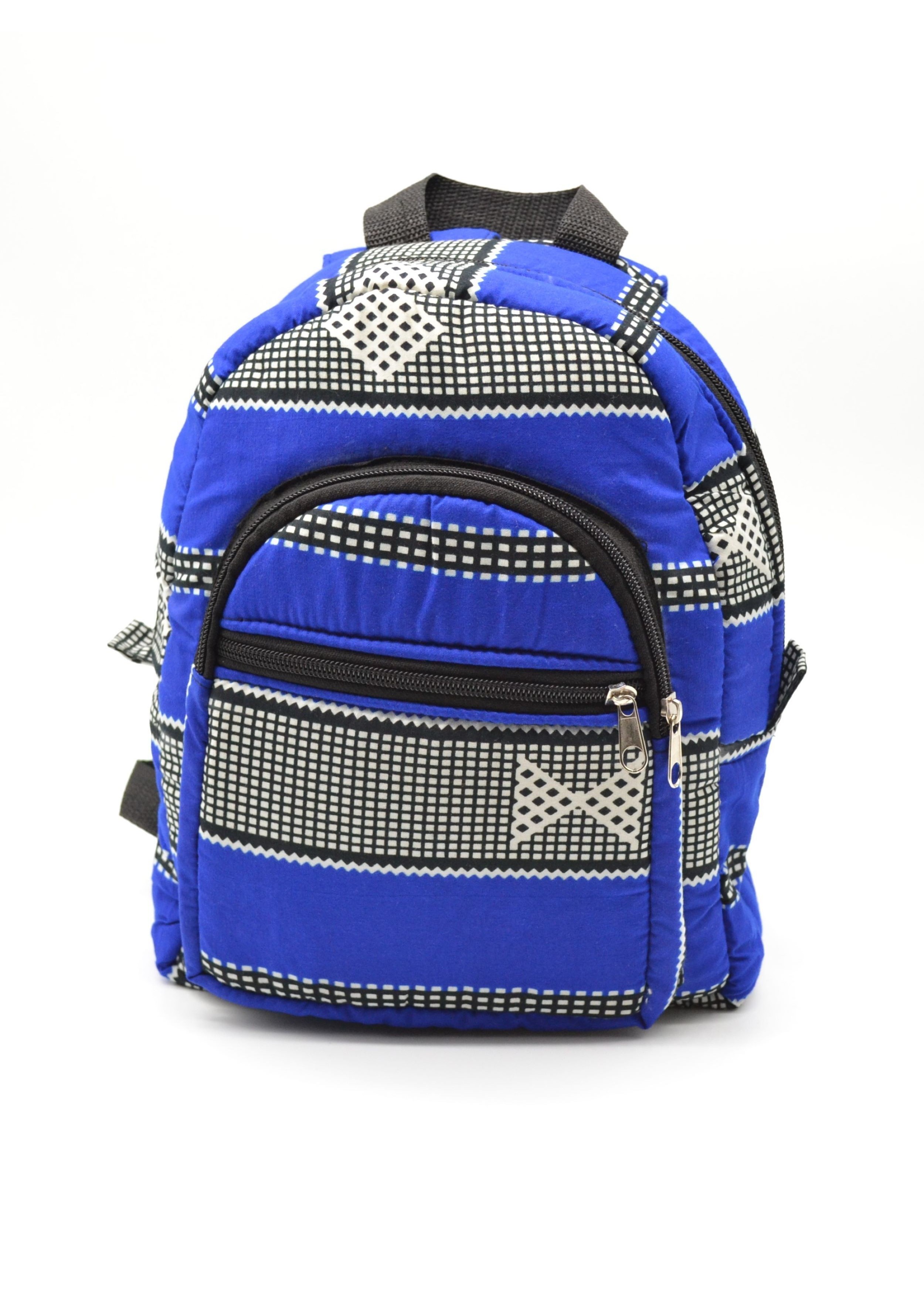 Sac à dos bleu et blanc en tissu wax (petit)