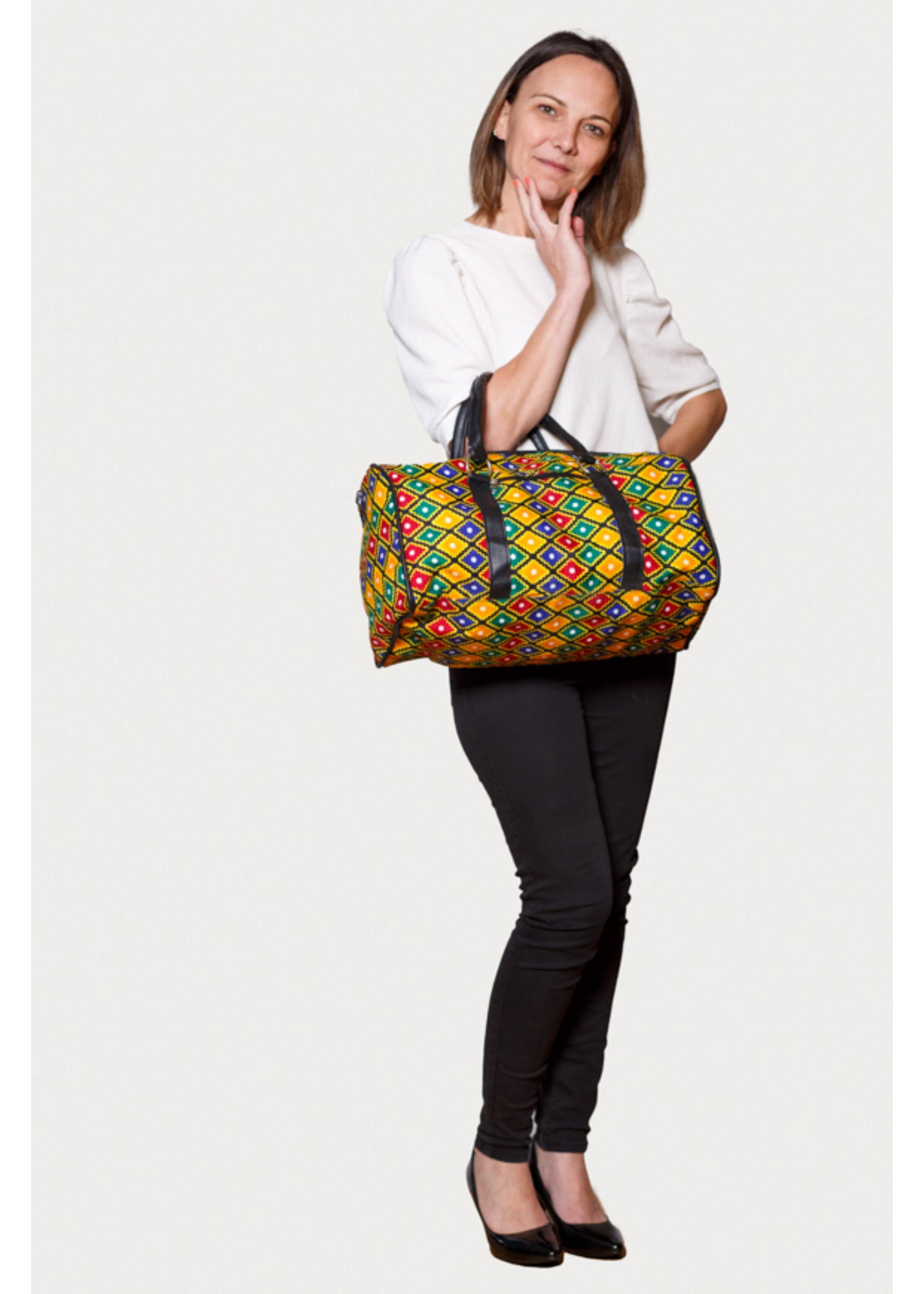 Sac à main en tissu wax jaune, vert, bleu et rouge et poignées simili cuir