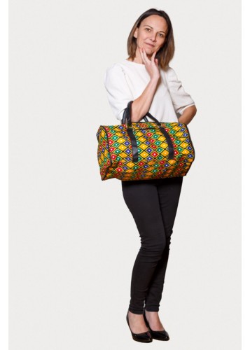 Sac à main en tissu wax jaune, vert, bleu et rouge et poignées simili cuir