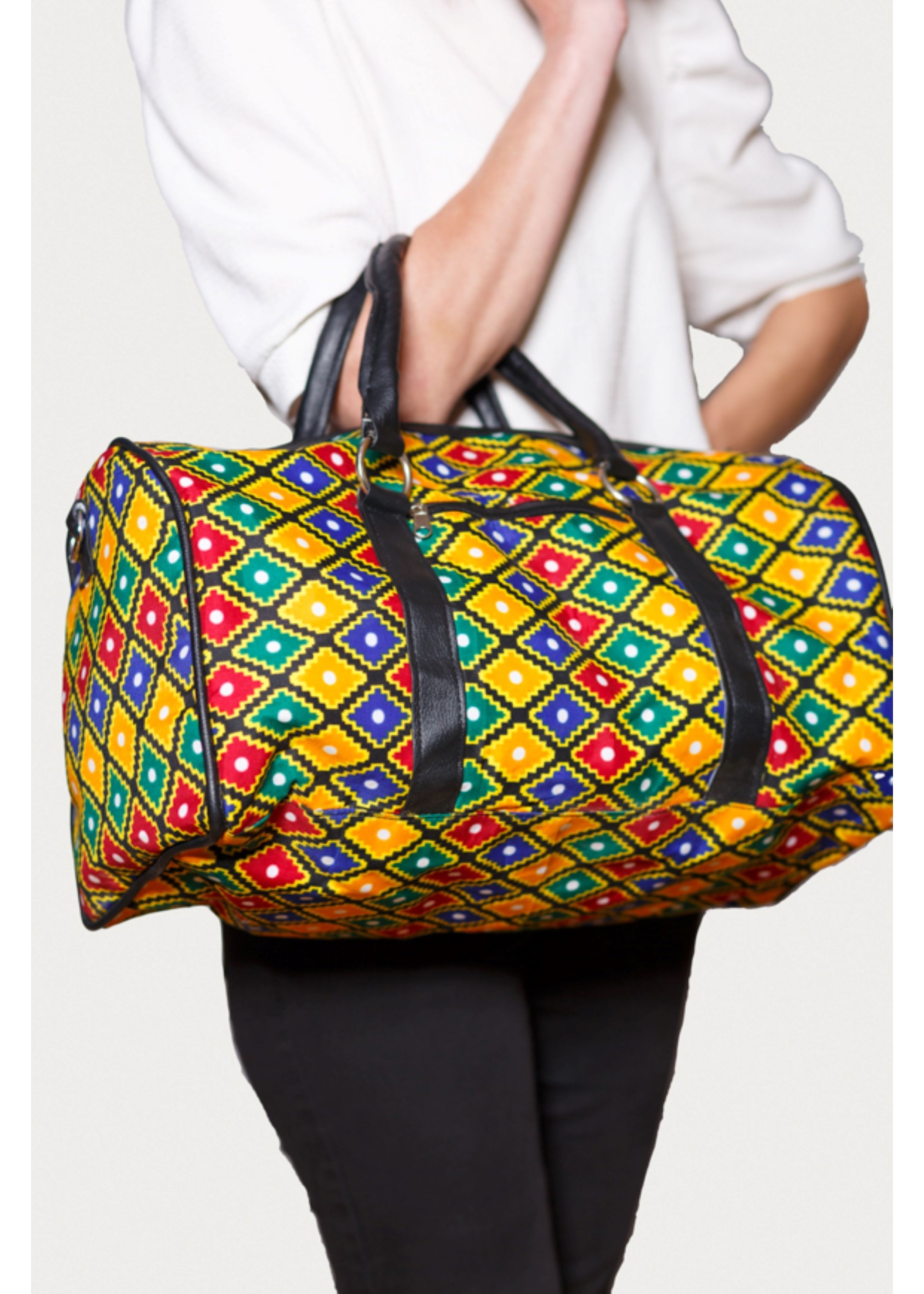 Sac à main en tissu wax jaune, vert, bleu et rouge et poignées simili cuir