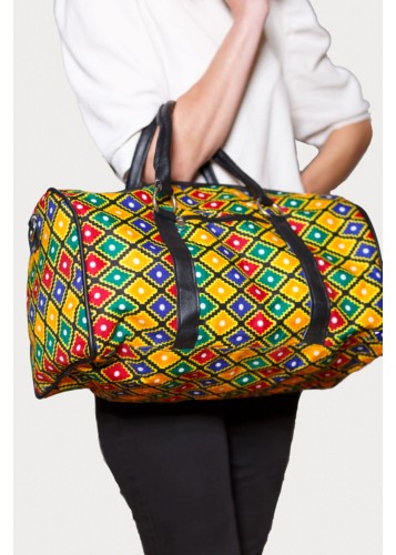 Sac à main en tissu wax jaune, vert, bleu et rouge et poignées simili cuir