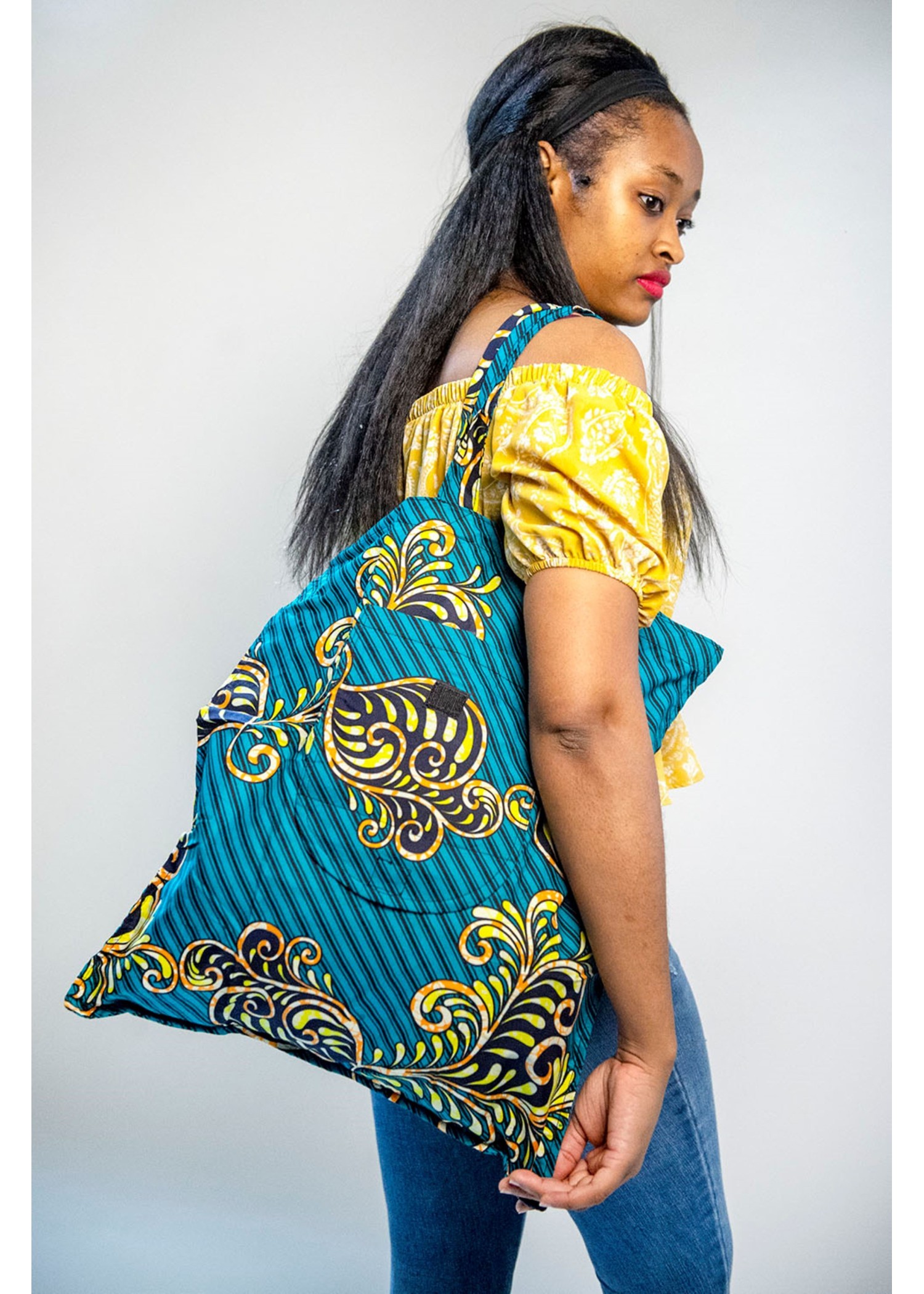 Tote Bag bleu turquoise en tissu wax