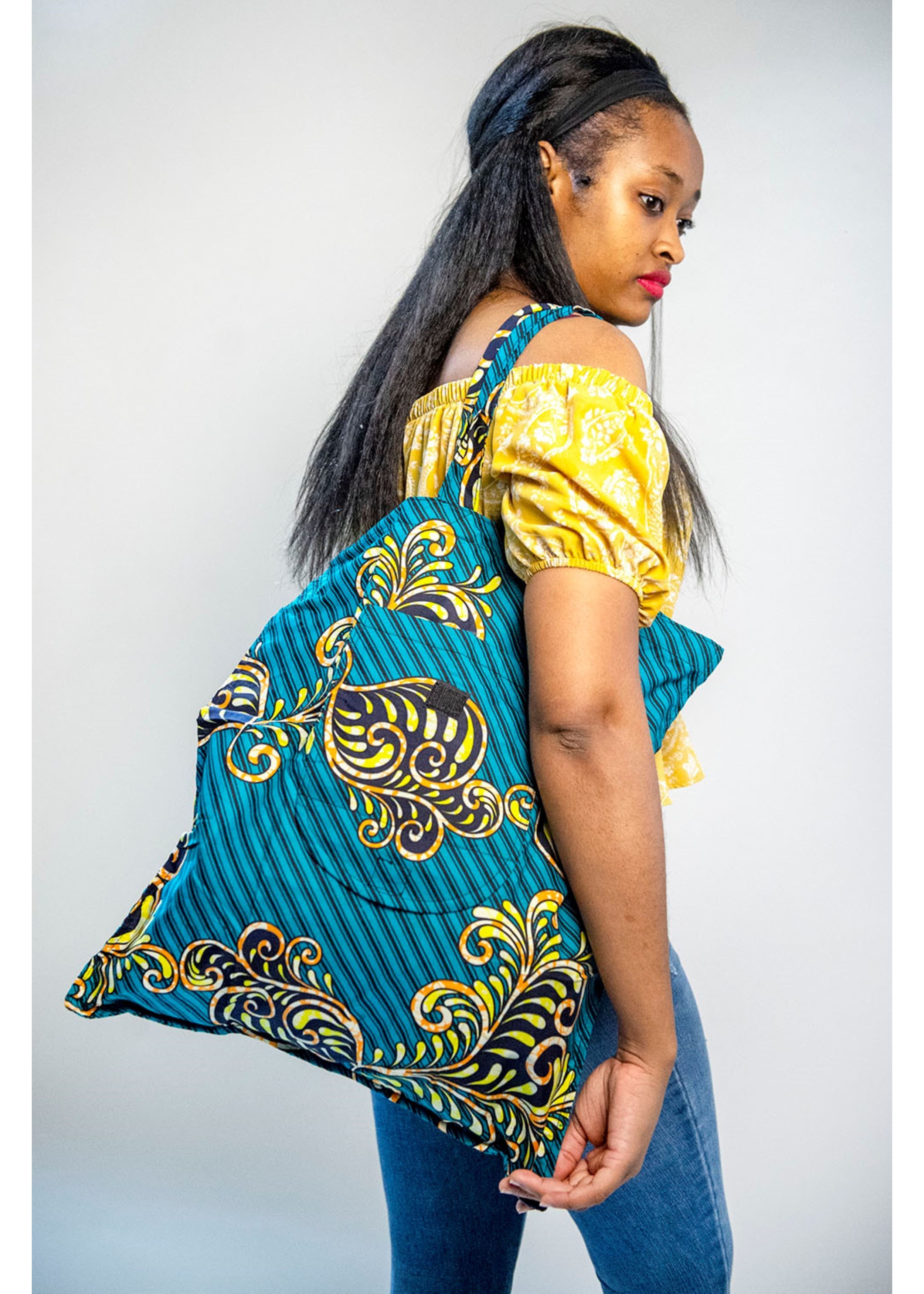 Tote Bag bleu turquoise en tissu wax