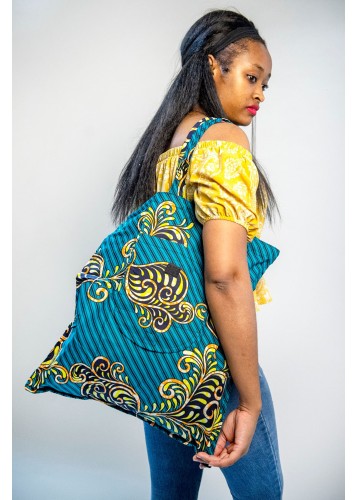 Tote Bag bleu turquoise en tissu wax