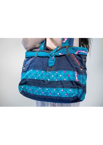Sac à main en jean et tissu wax bleu