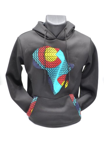 Sweat noir à capuche customisé tissu wax bleu et rouge