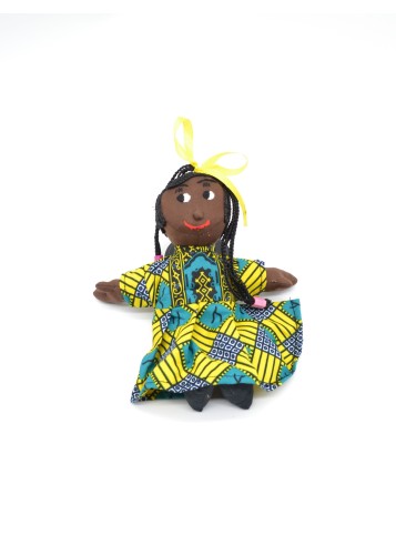 Poupée de Chiffon Africaine : Petite Fille en Tissu Wax Jaune et Bleu avec Tresses Poupée de Chiffon Africaine : Petite Fille en Tissu Wax Jaune et Bleu avec Tresses