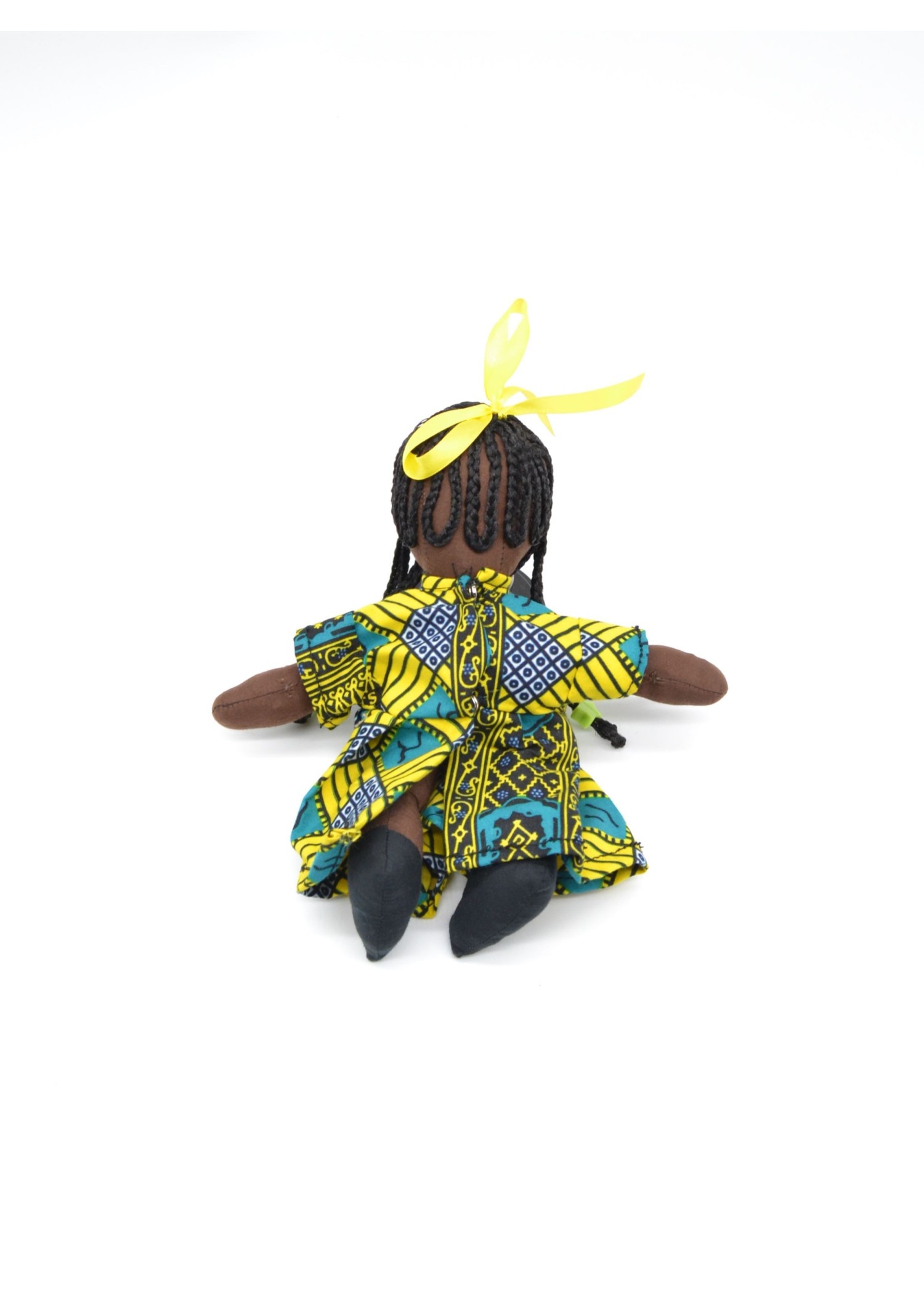 Poupée de Chiffon Africaine : Petite Fille en Tissu Wax Jaune et Bleu avec Tresses Poupée de Chiffon Africaine : Petite Fille en Tissu Wax Jaune et Bleu avec Tresses