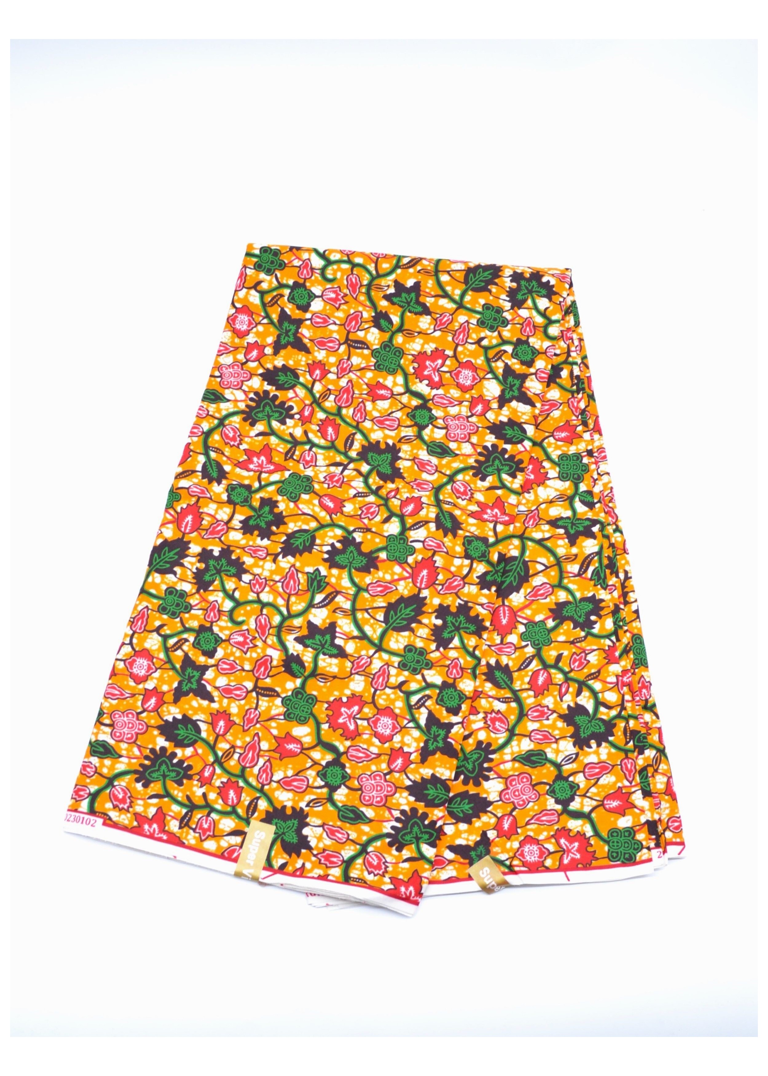 Tissu Wax Orange et Vert aux Motifs Floraux