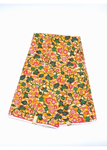 Tissu Wax Orange et Vert aux Motifs Floraux