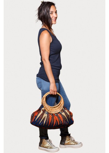 Sac à Main Éthnique en Tissu Wax Bleu et Orange avec Poignées en Rotin Tressé