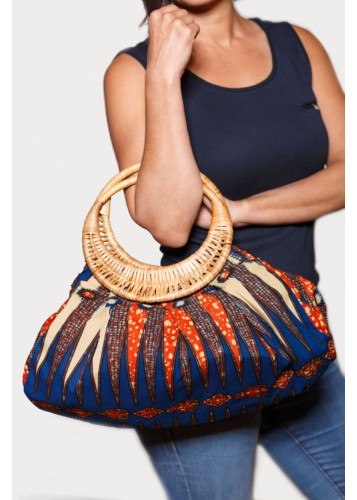 Sac à Main Éthnique en Tissu Wax Bleu et Orange avec Poignées en Rotin Tressé