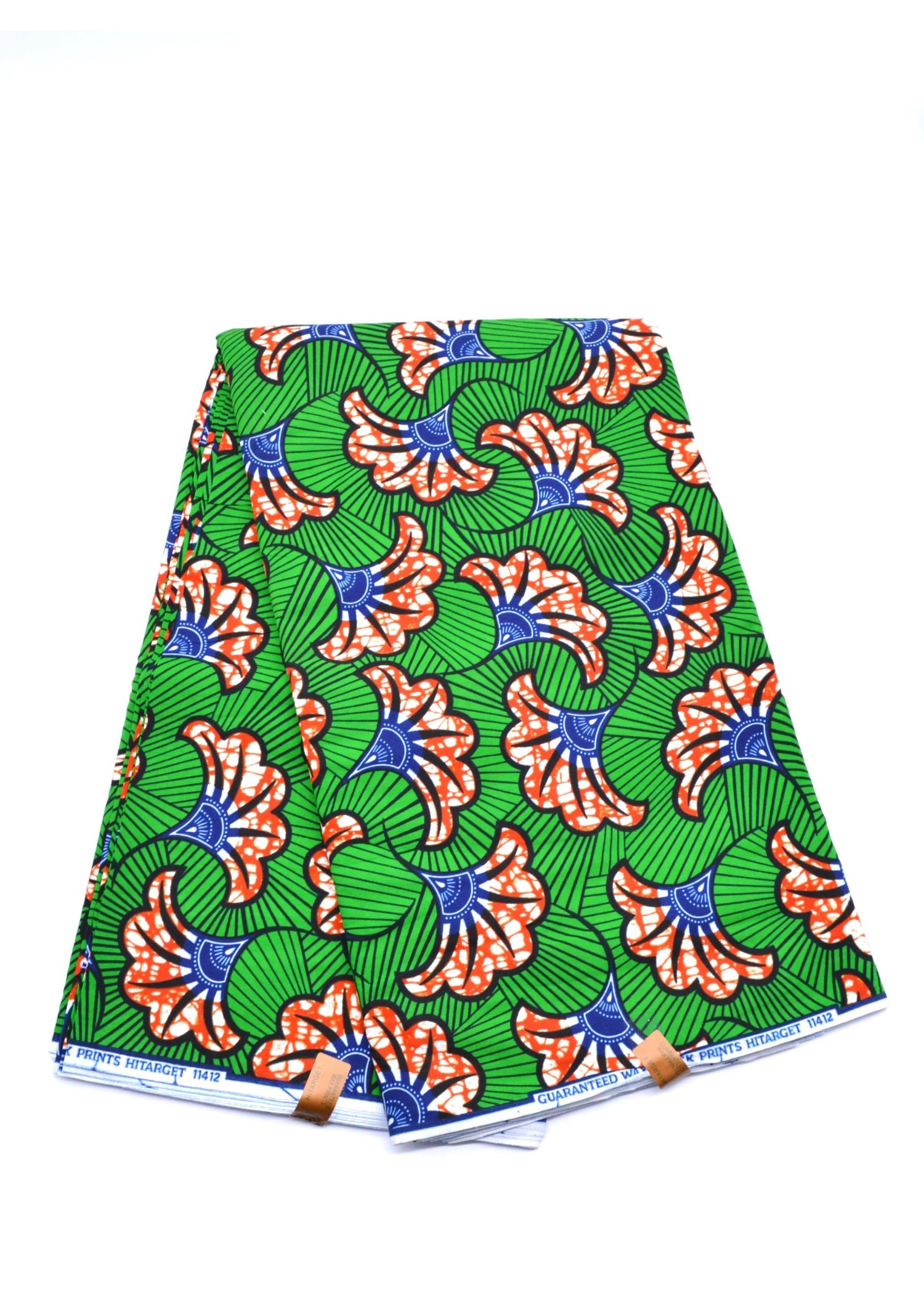 Tissu Wax 100% Coton au Mètre - Motifs Floraux Rouges et Bleus sur Fond Vert