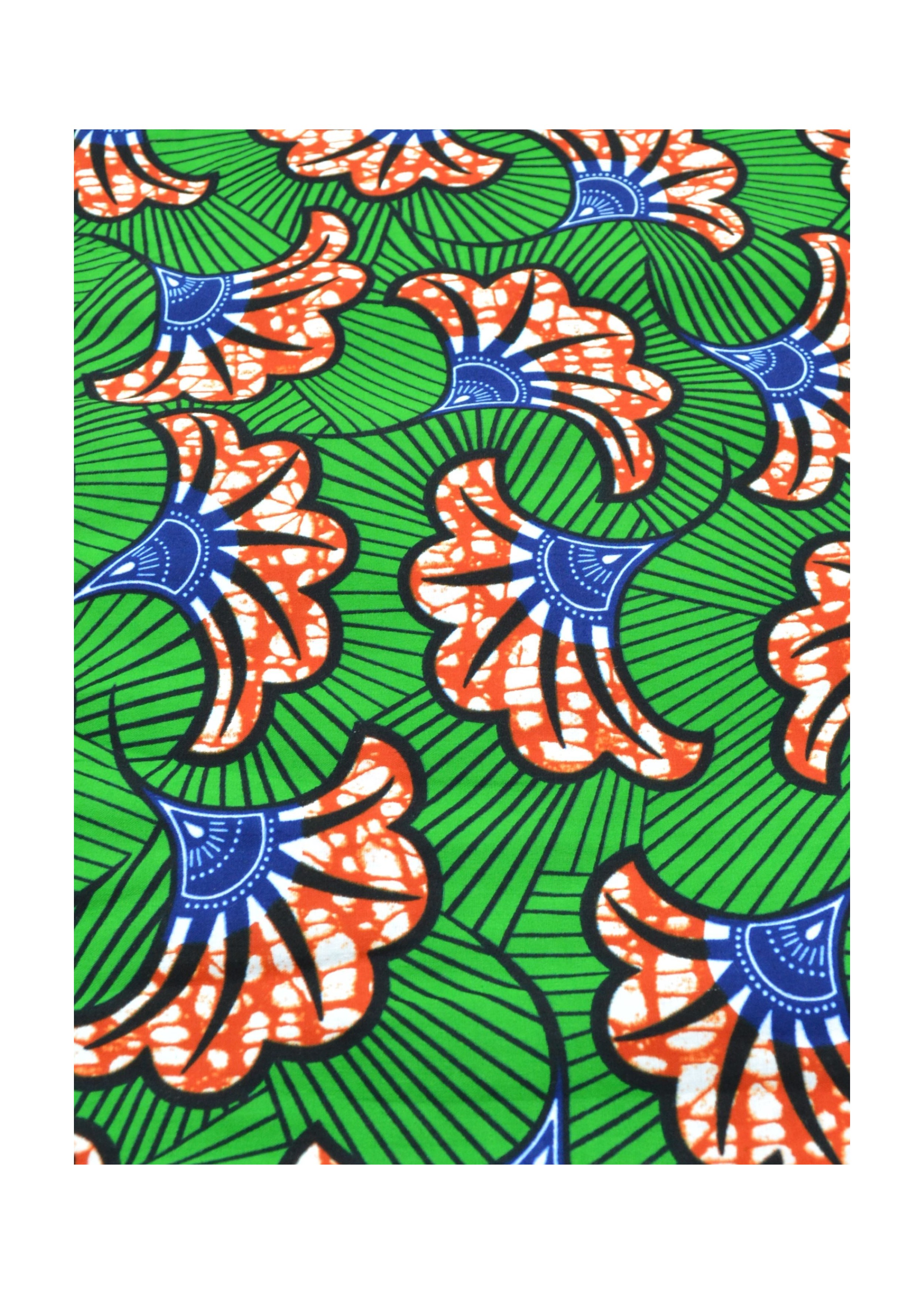 Tissu Wax 100% Coton au Mètre - Motifs Floraux Rouges et Bleus sur Fond Vert