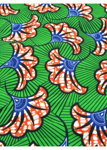 Tissu Wax 100% Coton au Mètre - Motifs Floraux Rouges et Bleus sur Fond Vert