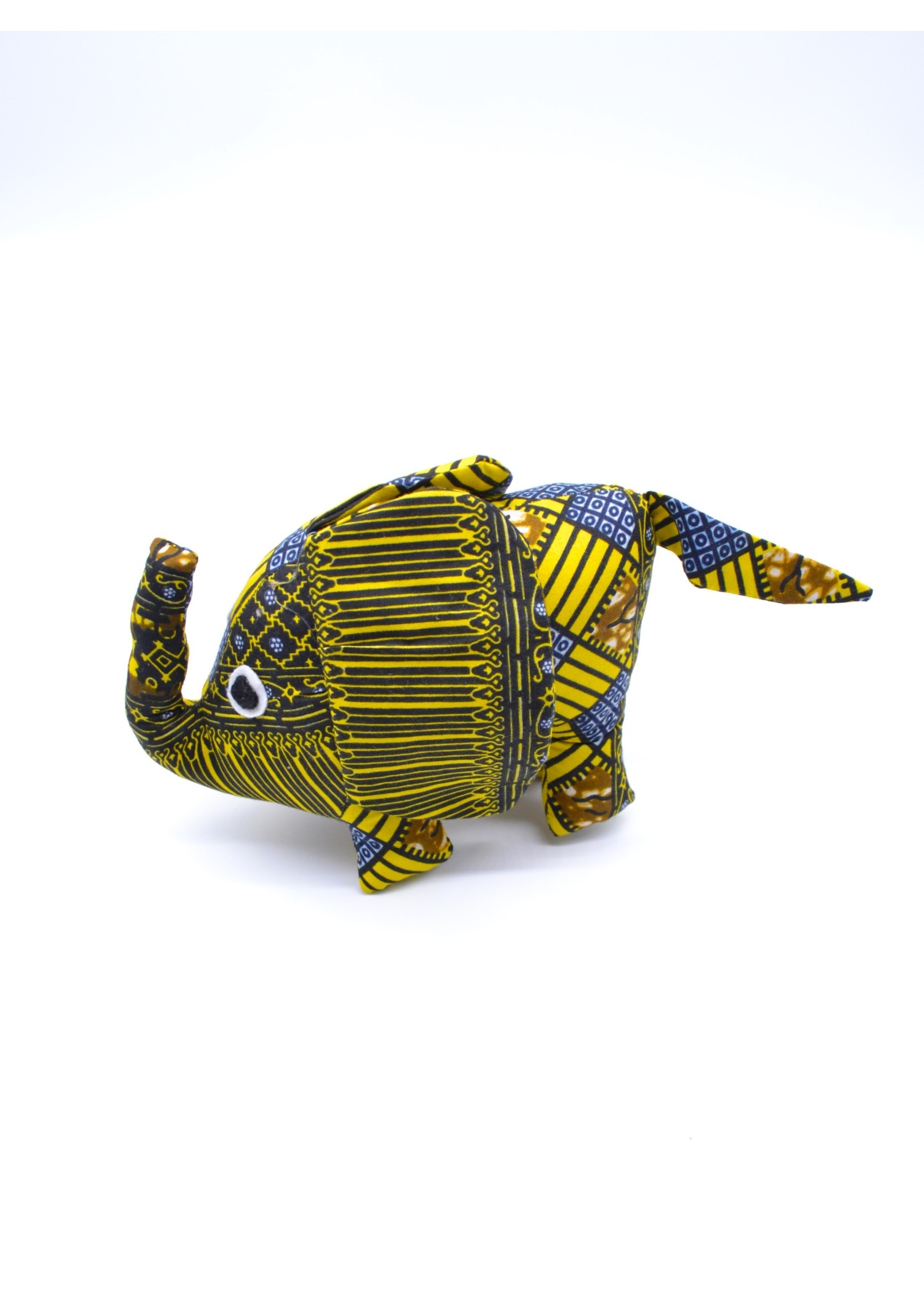 Peluche Éléphant en Tissu Wax Jaune Géométrique Peluche Éléphant en Tissu Wax Jaune Géométrique