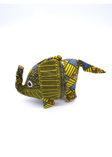 Peluche Éléphant en Tissu Wax Jaune Géométrique