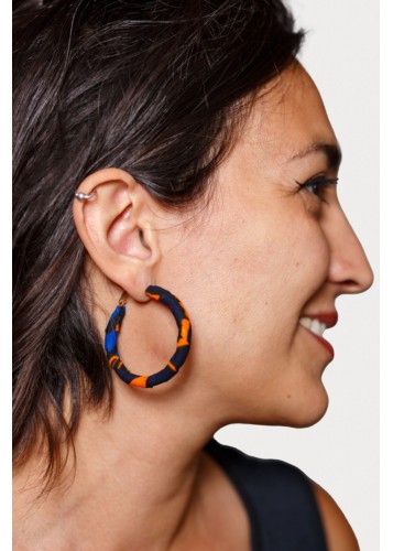 Boucles d'Oreilles Circulaires en Tissu Wax Bleu et Orange
