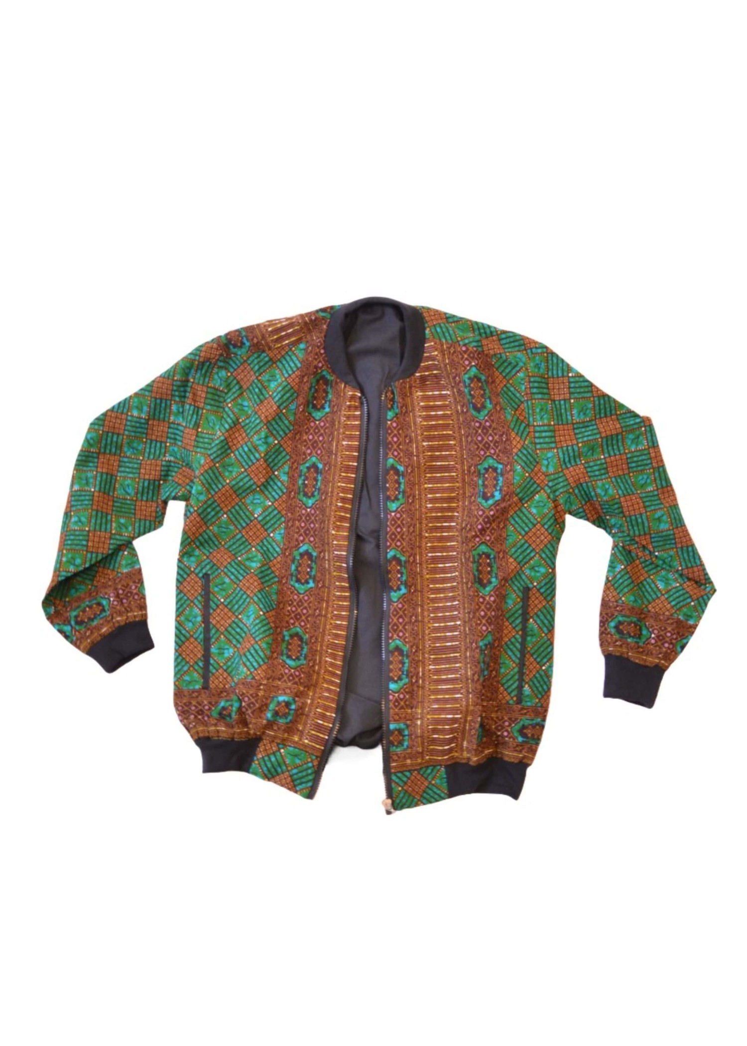 Veste Bombers Femme en Tissu Wax Vert et Marron avec Motifs Géométriques