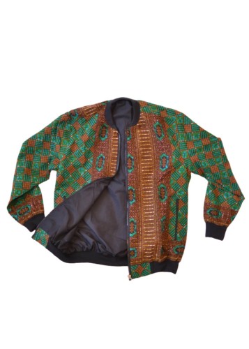 Veste Bombers Femme en Tissu Wax Vert et Marron avec Motifs Géométriques
