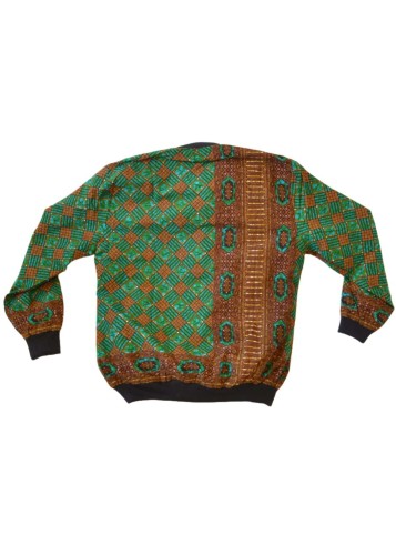 Veste Bombers Femme en Tissu Wax Vert et Marron avec Motifs Géométriques