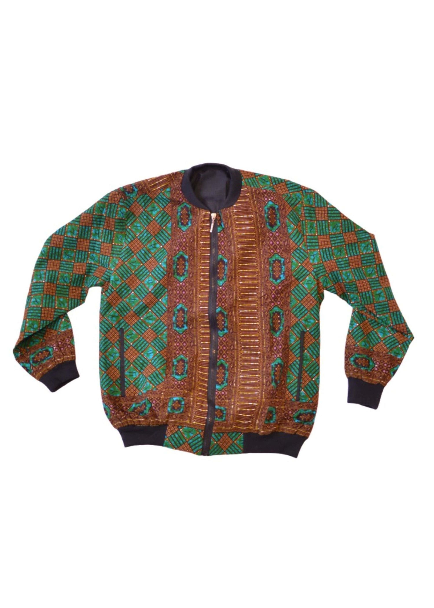 Veste Bombers Femme en Tissu Wax Vert et Marron avec Motifs Géométriques