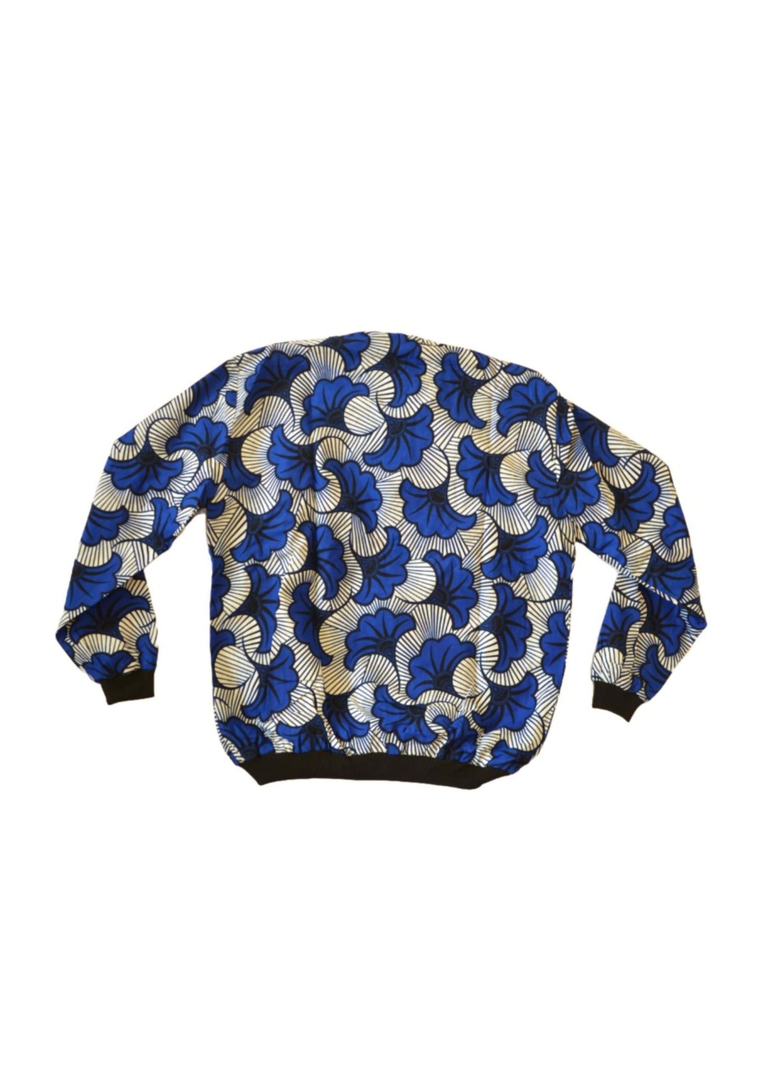 Veste Bombers Homme en Tissu Wax Bleu, Blanc et Noir – Motifs Floraux