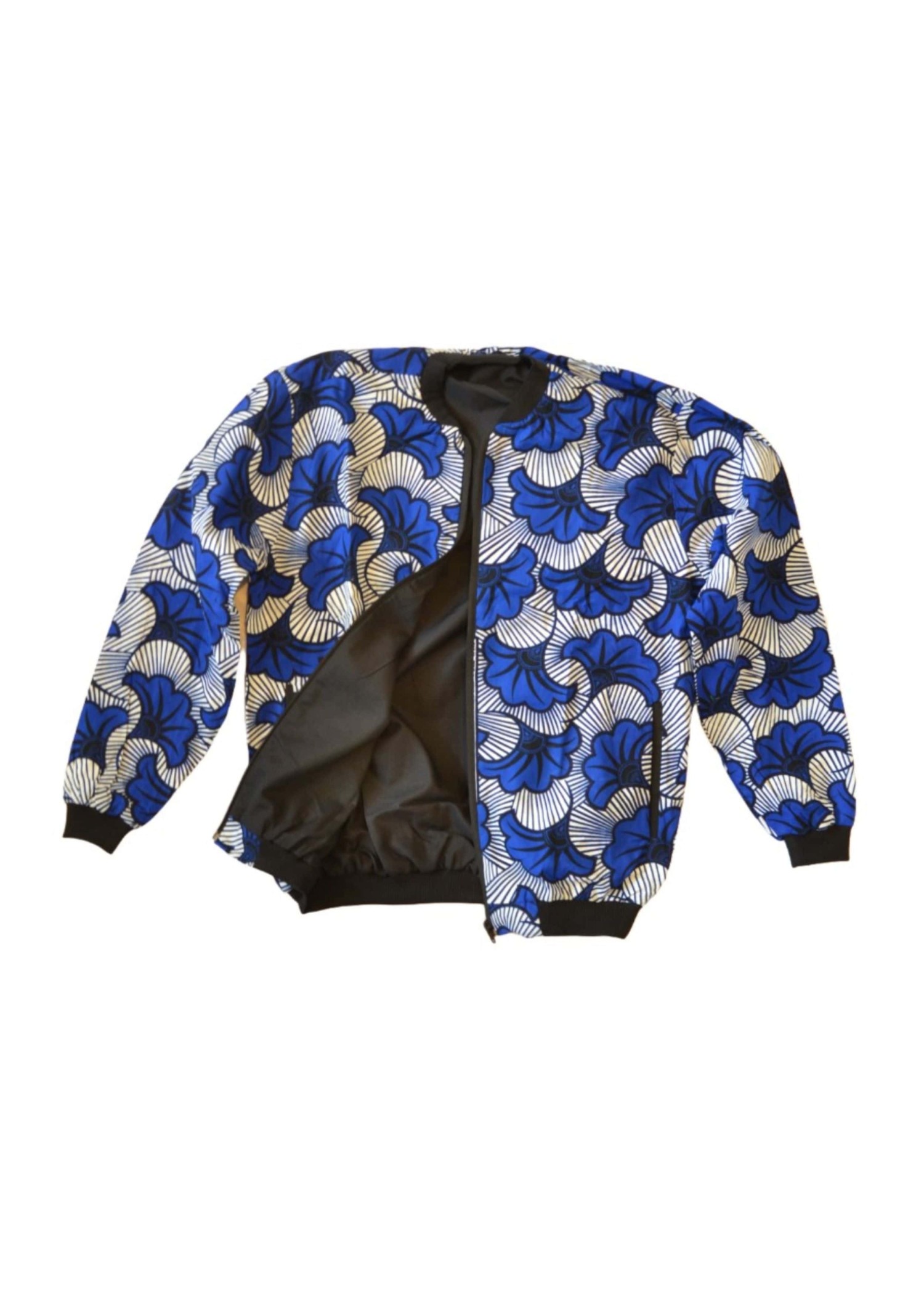 Veste Bombers Homme en Tissu Wax Bleu, Blanc et Noir – Motifs Floraux