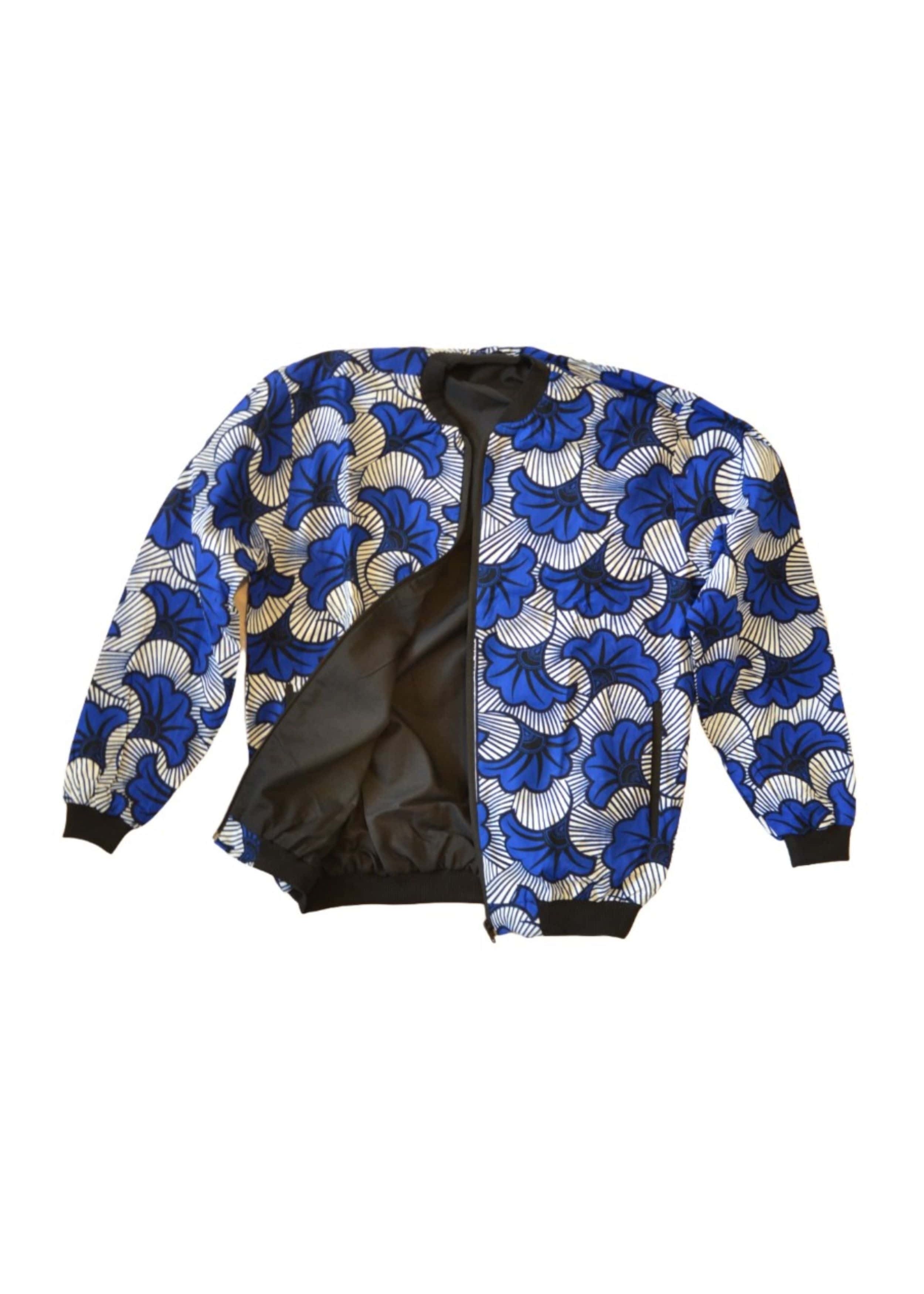 Veste Bombers Homme en Tissu Wax Bleu, Blanc et Noir – Motifs Floraux