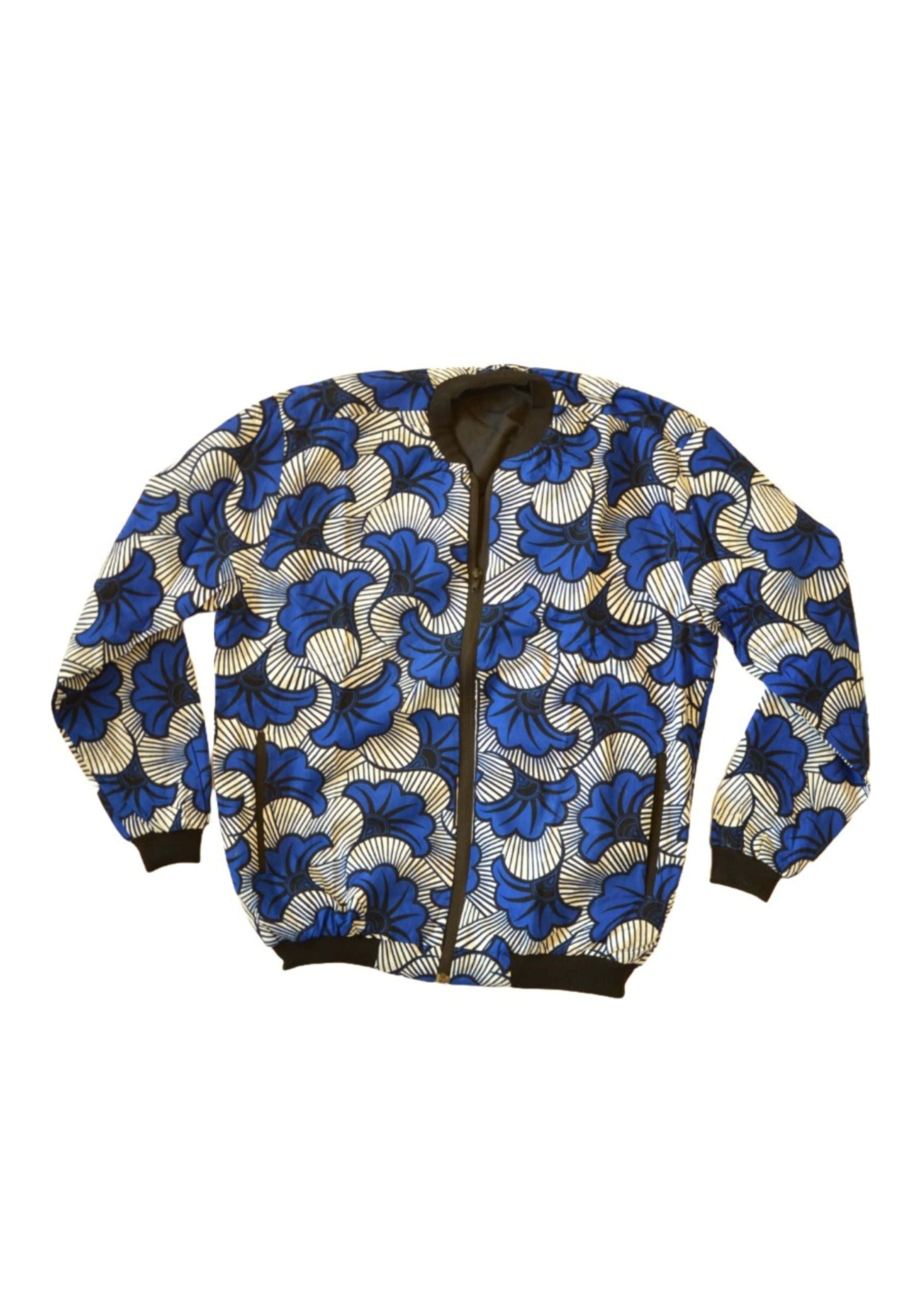 Veste Bombers Homme en Tissu Wax Bleu, Blanc et Noir – Motifs Floraux