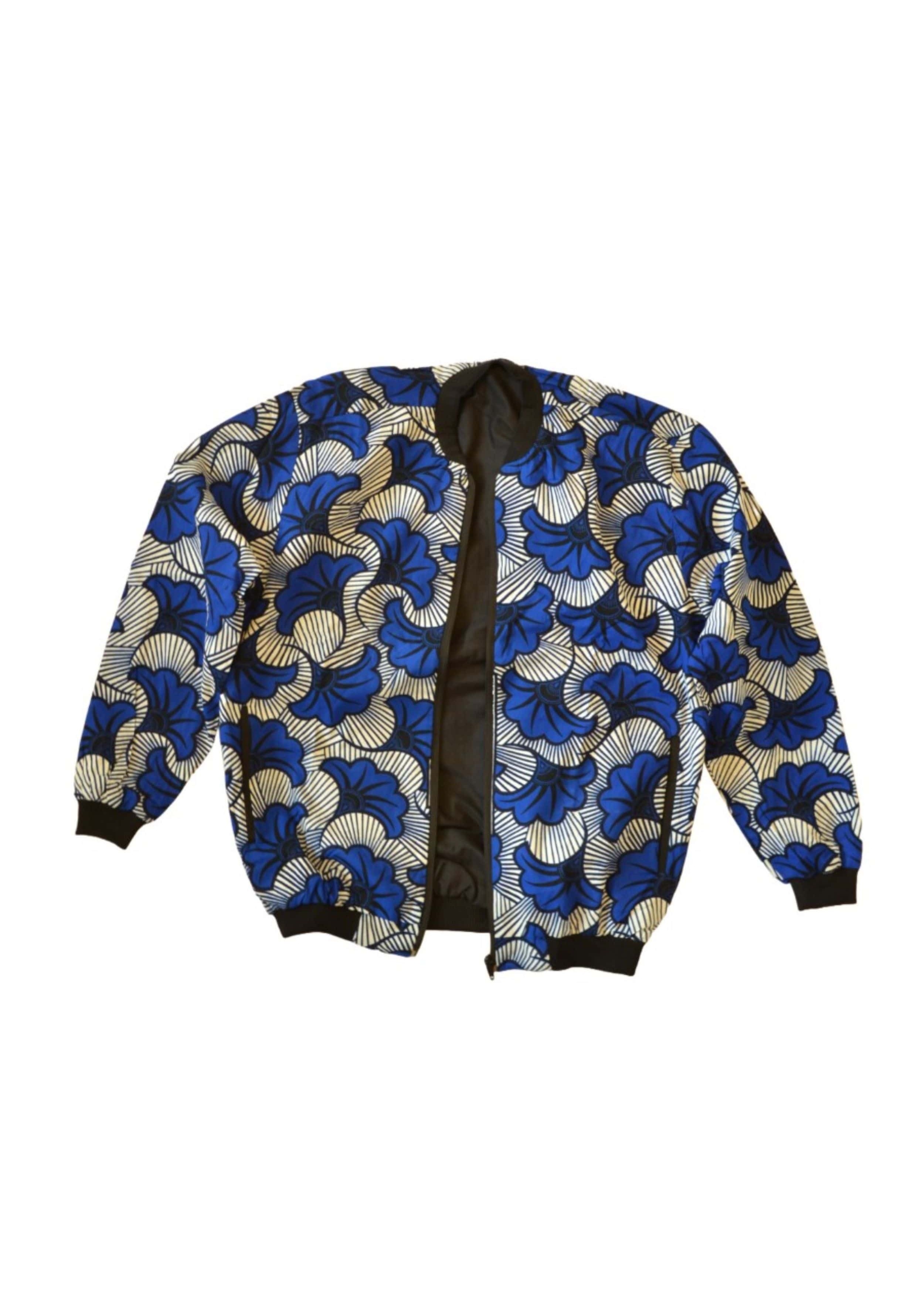Veste Bombers Homme en Tissu Wax Bleu, Blanc et Noir – Motifs Floraux