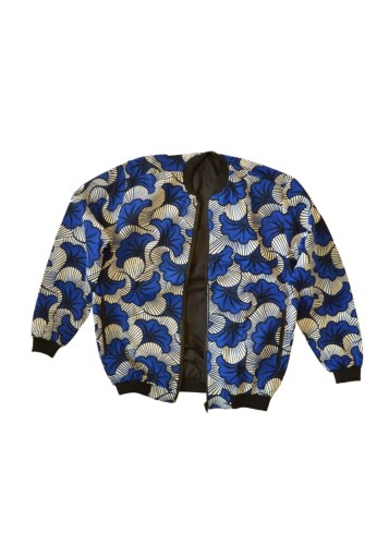 Veste Bombers Homme en Tissu Wax Bleu, Blanc et Noir – Motifs Floraux