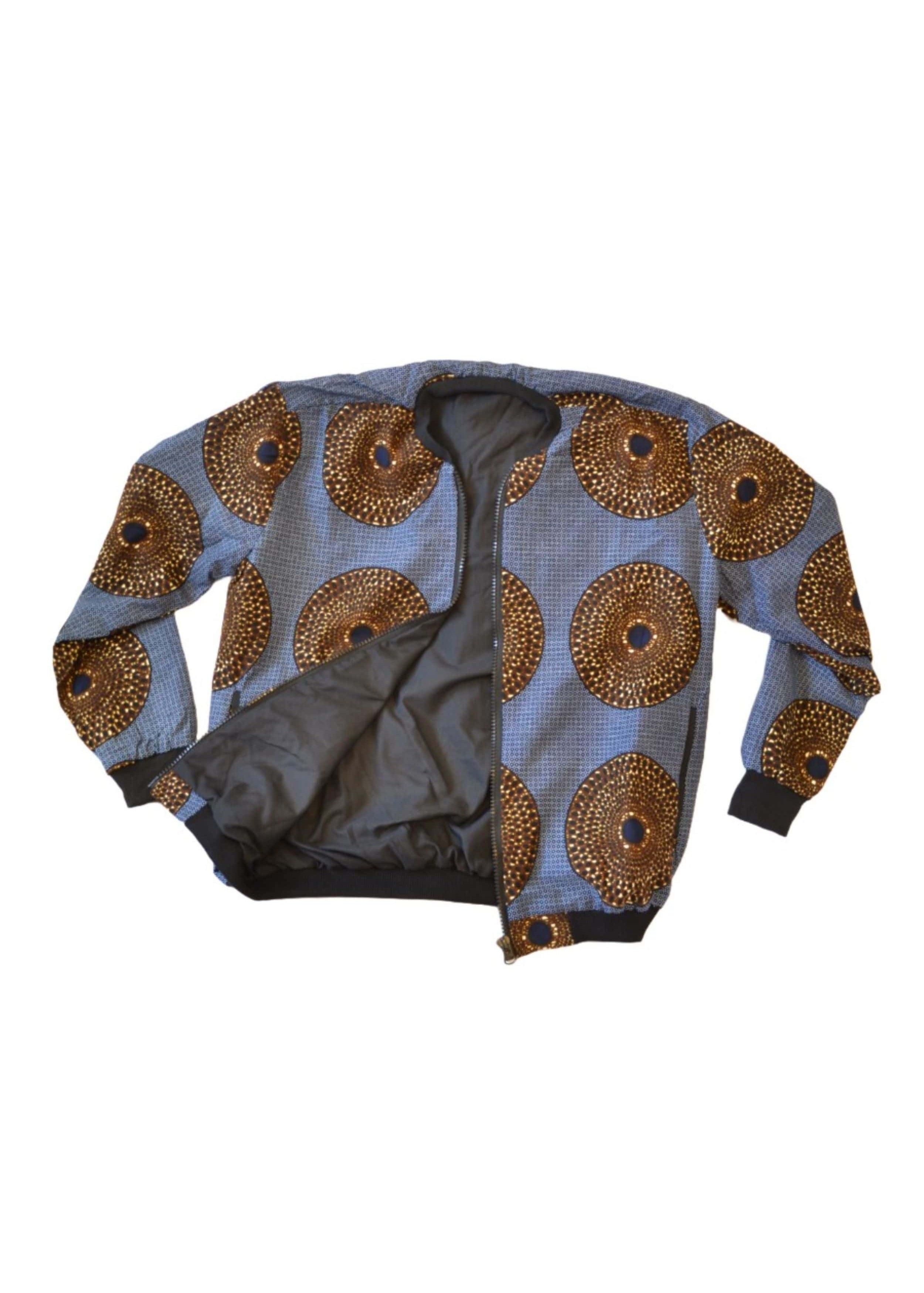 Veste Bombers Homme en Tissu Wax Gris et Marron – Motifs Circulaires