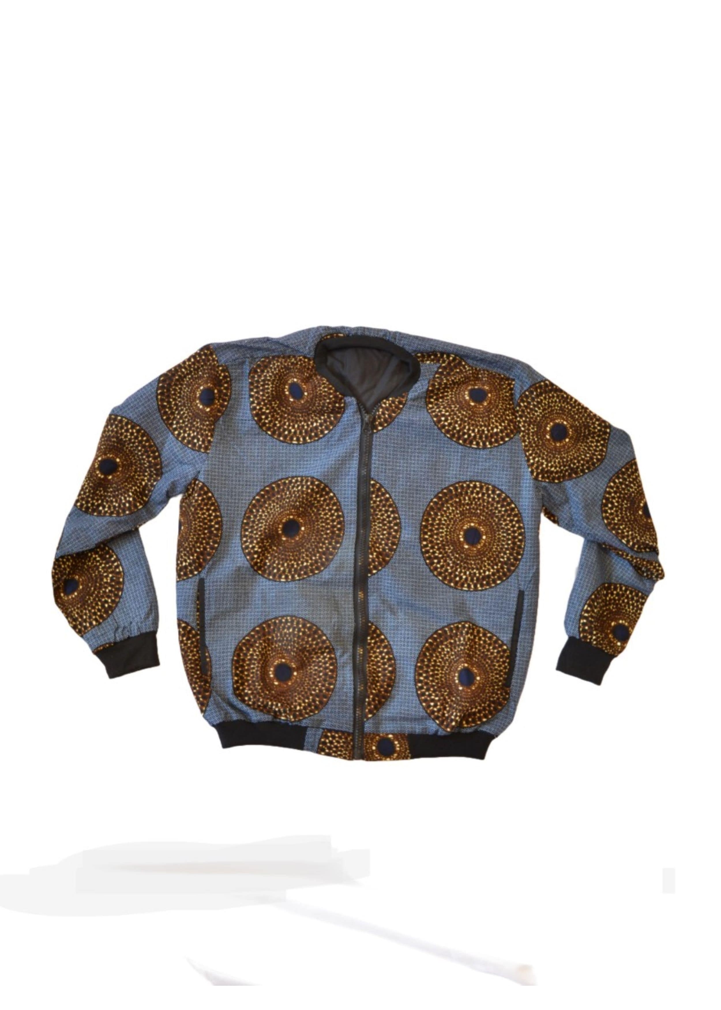 Veste Bombers Homme en Tissu Wax Gris et Marron – Motifs Circulaires