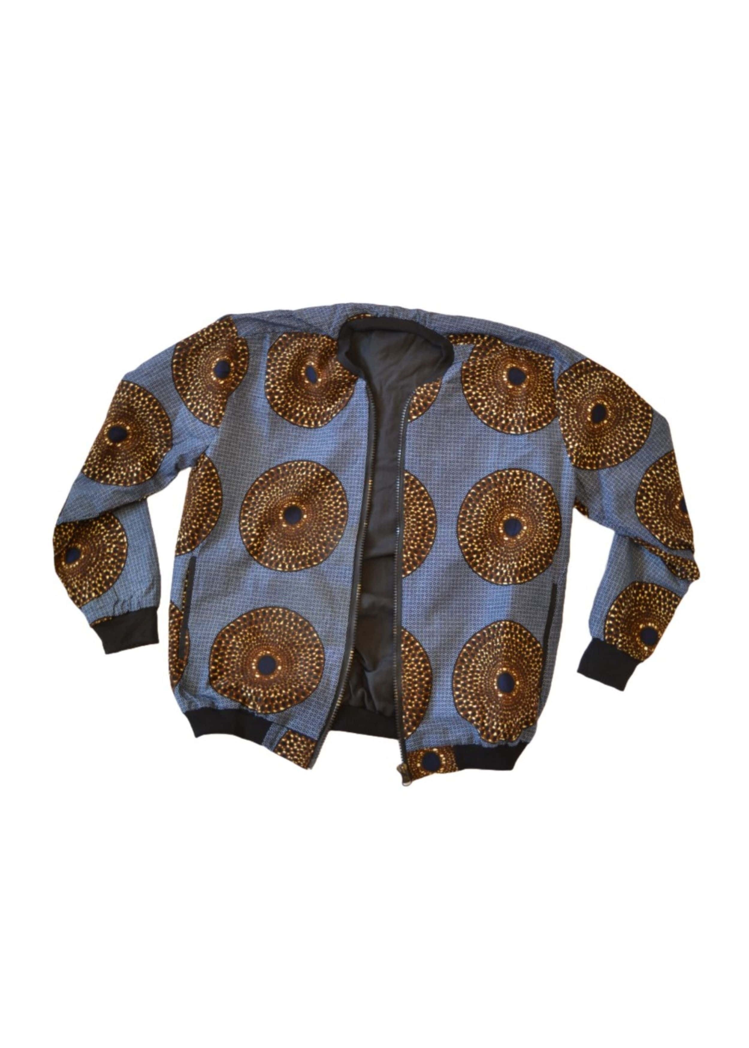 Veste Bombers Homme en Tissu Wax Gris et Marron – Motifs Circulaires