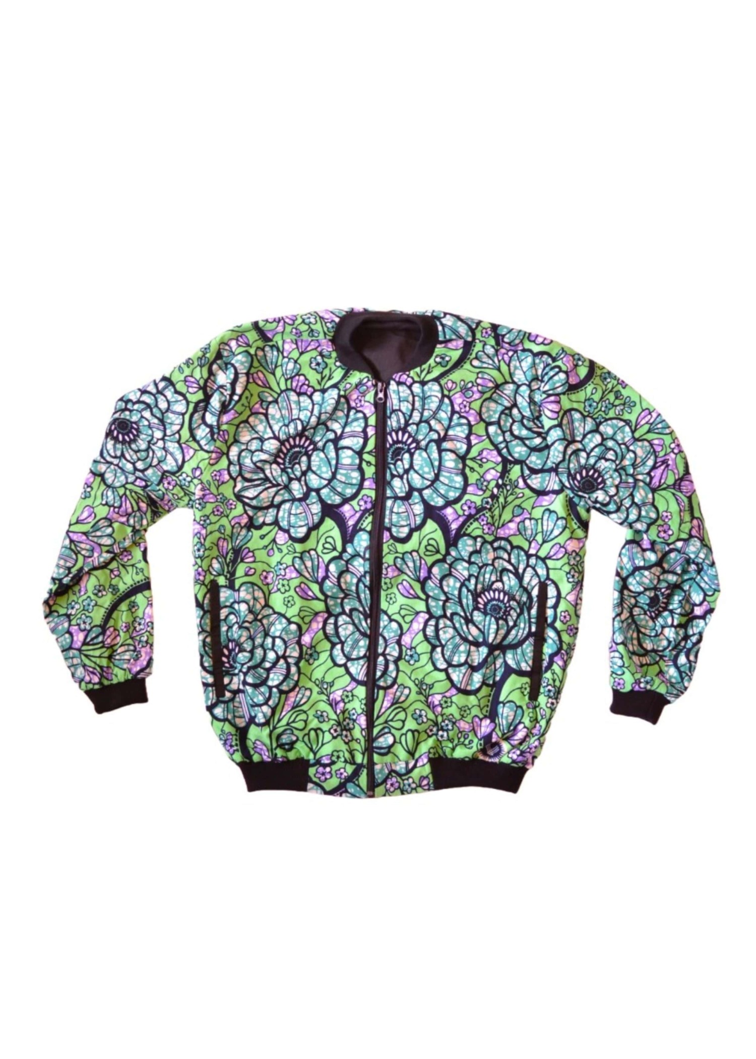 Veste Bombers Femme en Tissu Wax Vert, Bleu et Violet – Motifs Floraux