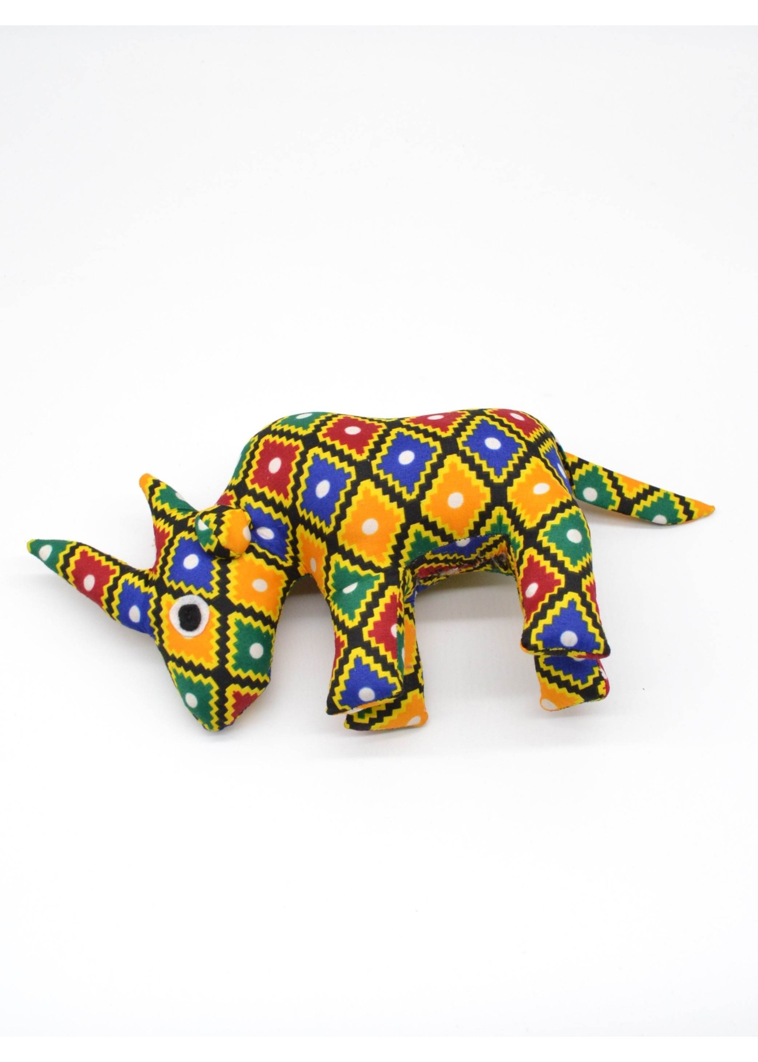 Peluche Rhinocéros en Tissu Wax – Motifs Carreaux Colorés Peluche Rhinocéros en Tissu Wax – Motifs Carreaux Colorés