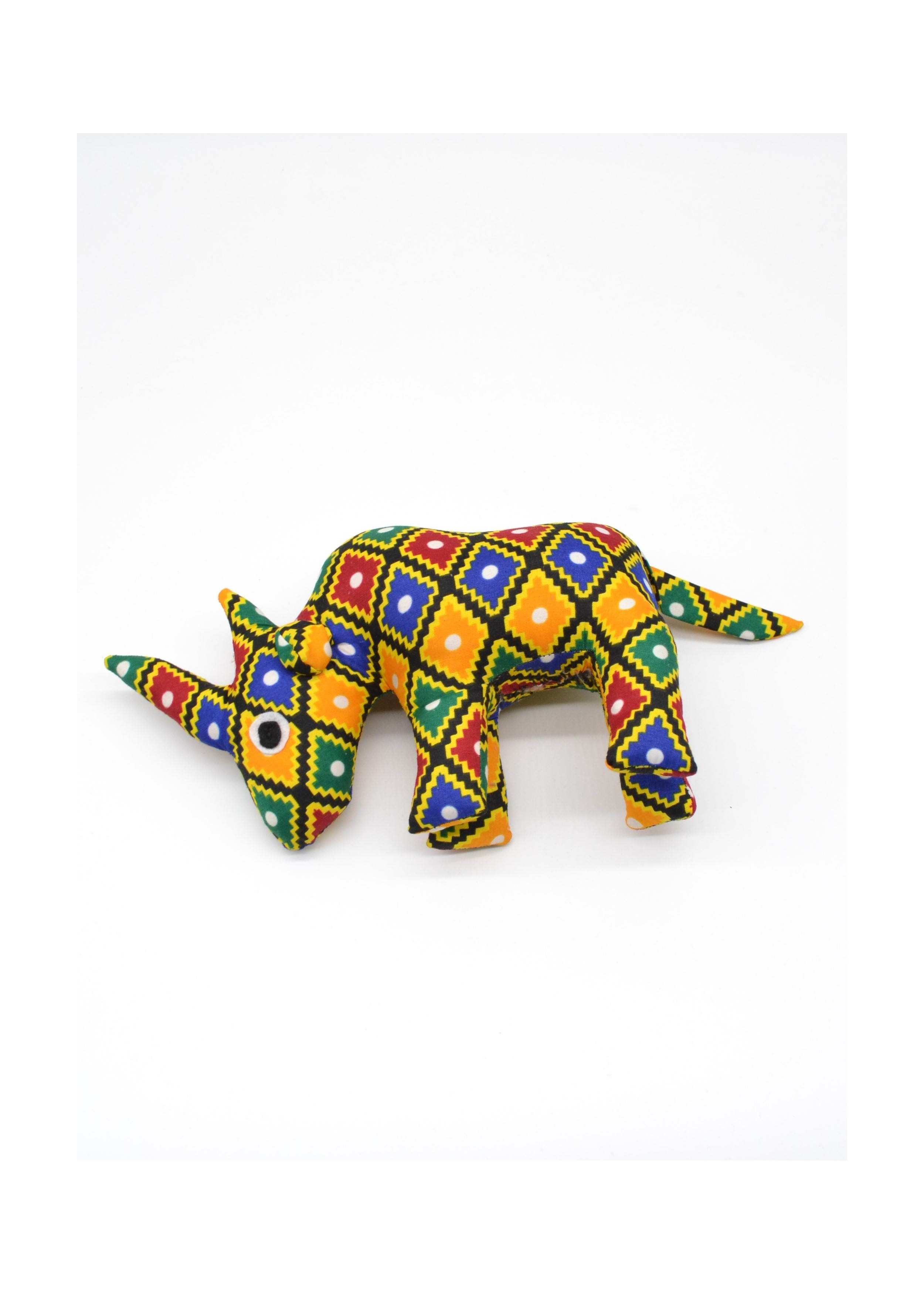 Peluche Rhinocéros en Tissu Wax – Motifs Carreaux Colorés