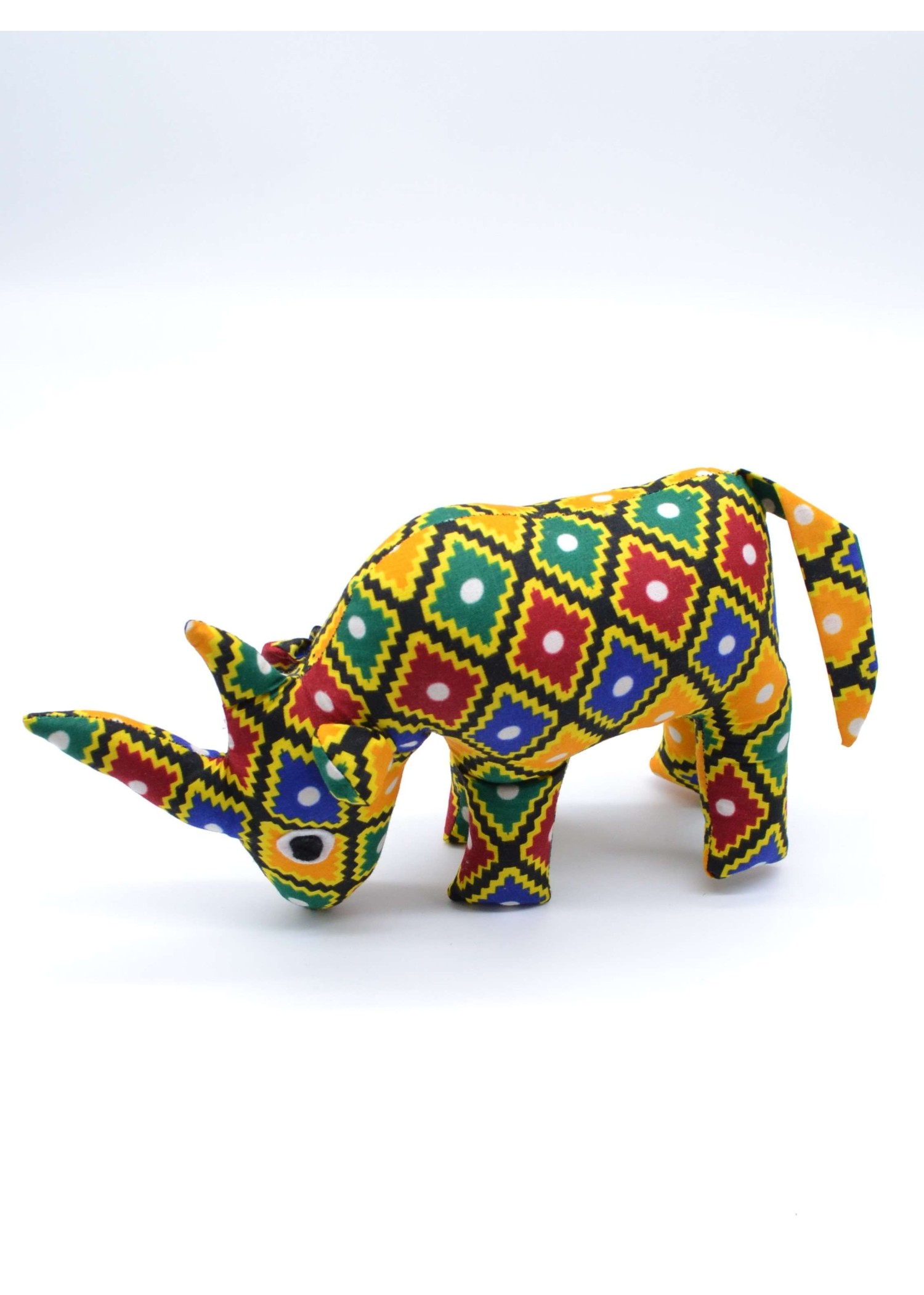 Peluche Rhinocéros en Tissu Wax – Motifs Carreaux Colorés Peluche Rhinocéros en Tissu Wax – Motifs Carreaux Colorés