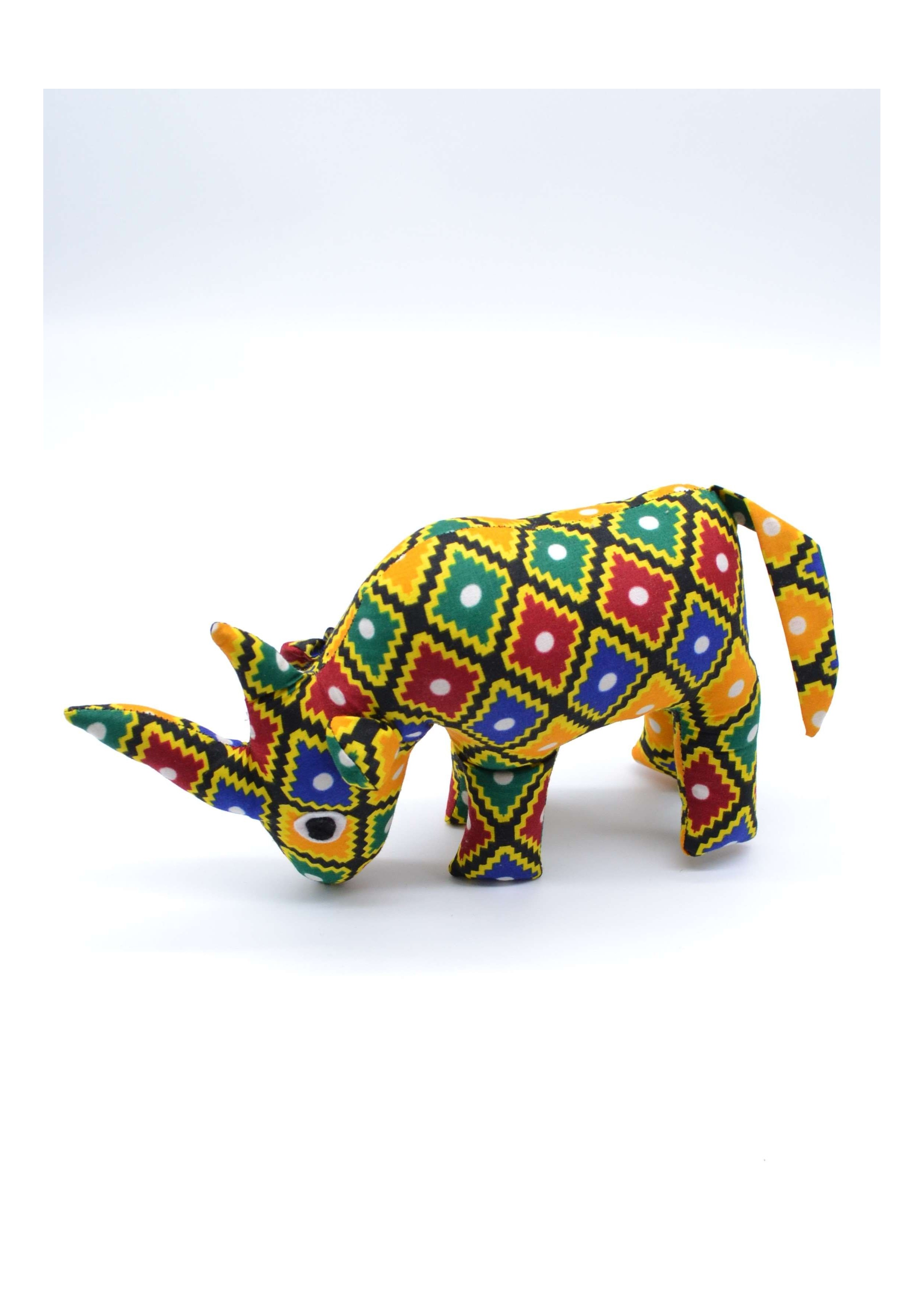 Peluche Rhinocéros en Tissu Wax – Motifs Carreaux Colorés