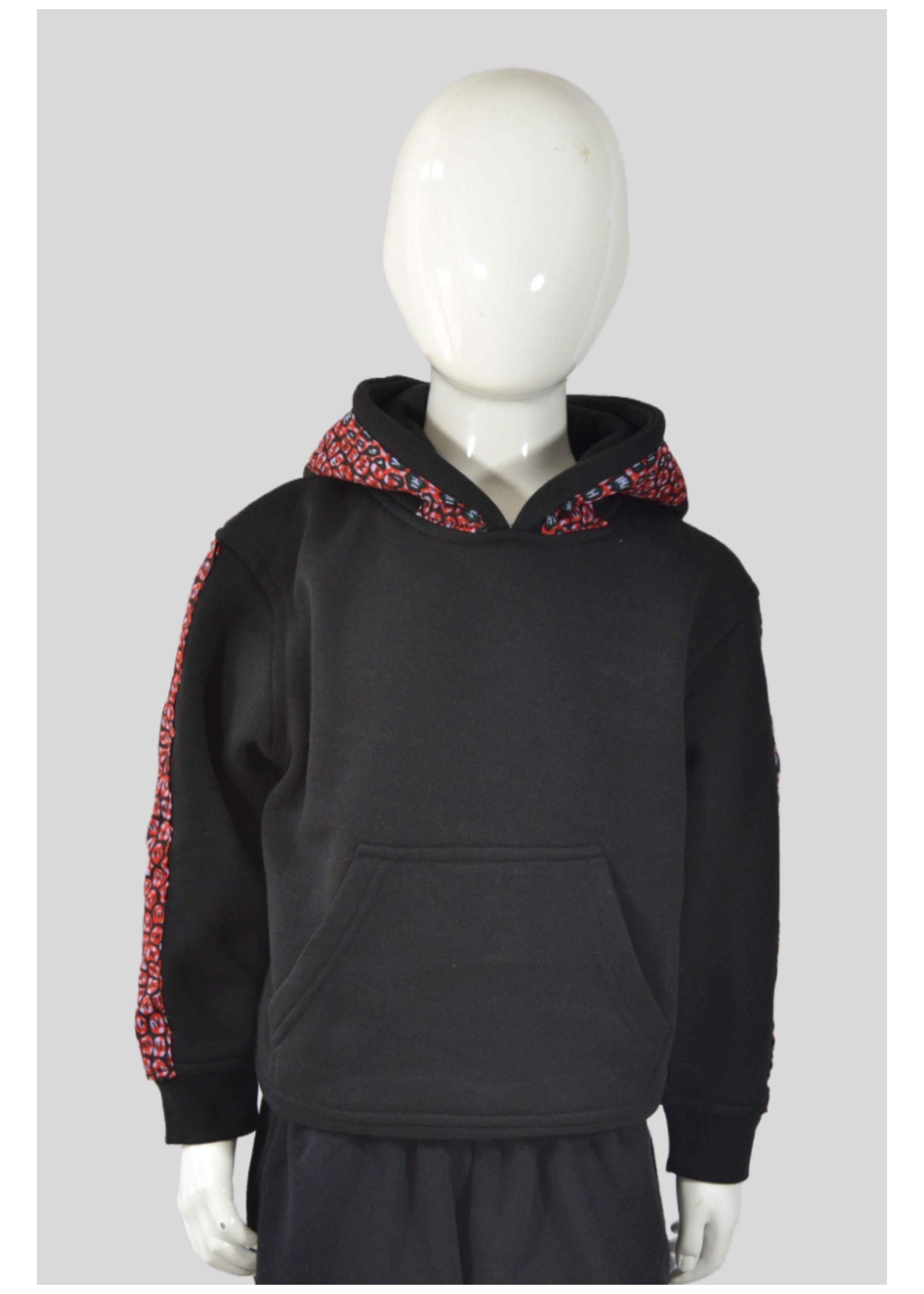 Sweat Enfant Noir Customisé en Wax Léopard Rouge et Vert