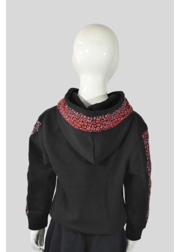 Sweat Enfant Noir Customisé en Wax Léopard Rouge et Vert