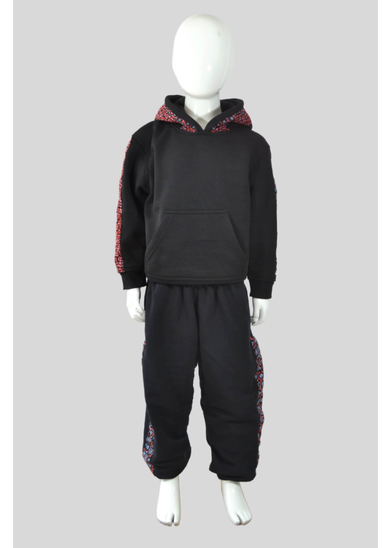 Sweat Enfant Noir Customisé en Wax Léopard Rouge et Vert