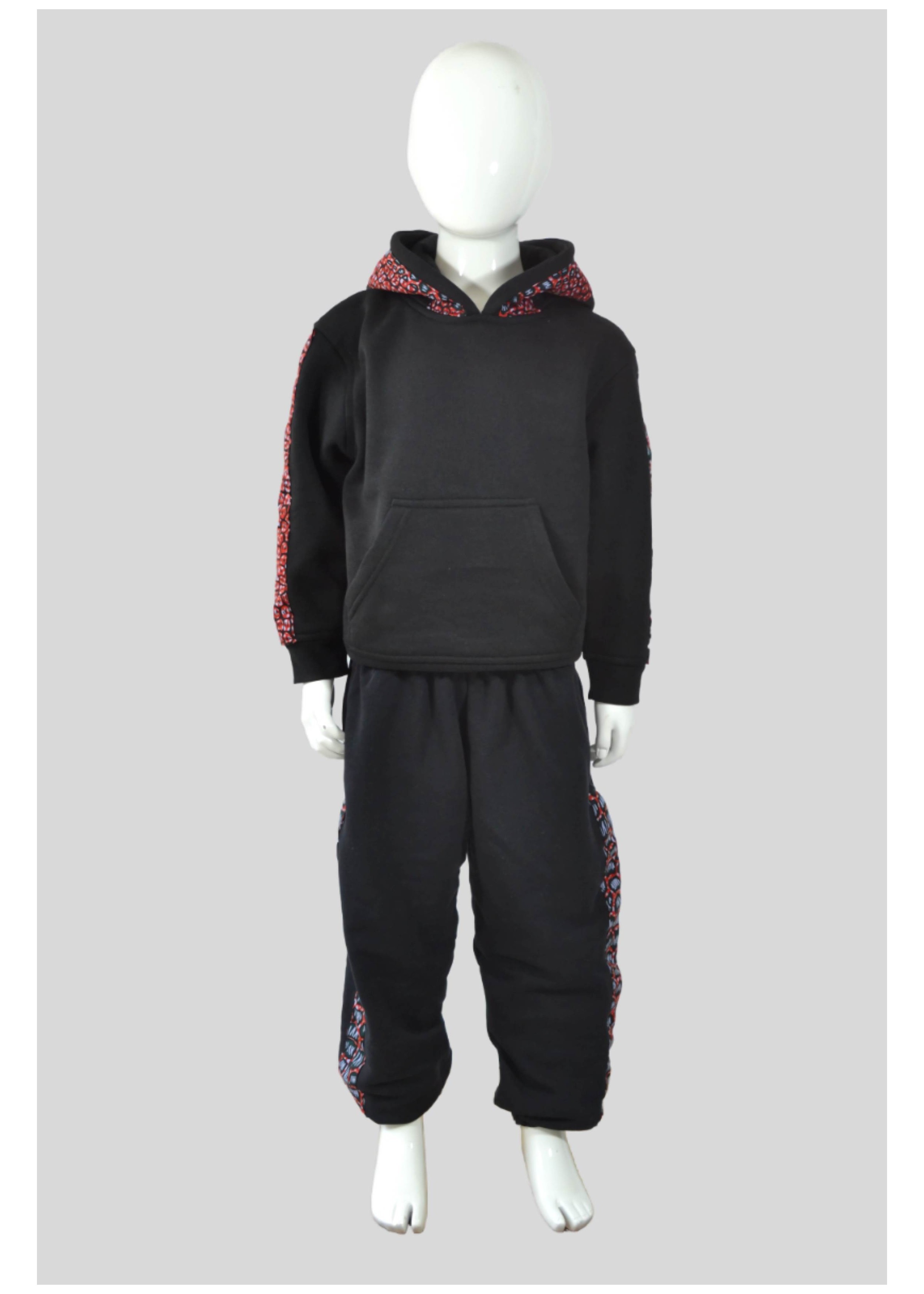 Sweat Enfant Noir Customisé en Wax Léopard Rouge et Vert